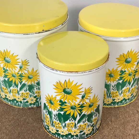 Vintage Tin Canister Set Yellow Flowers Kitchen - Picture 12 of 13